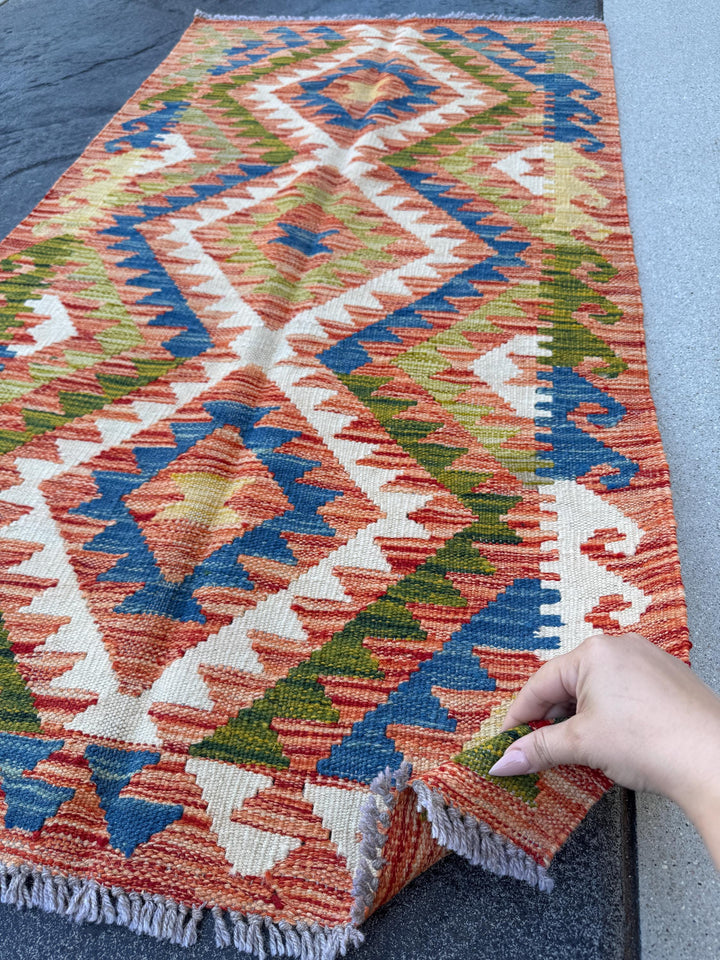 3x5 (91x152) Handmade Afghan Kilim Rug | Black Burnt Orange Cream Beige Red Blue Teal Mint Green Purple | Wool Flatwoven
