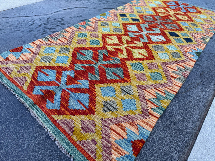 2x5 Handmade Afghan Kilim Runner Rug | Burnt Orange Rust Red Mustard Yellow Sky Blue Aqua Teal Navy Green Grey Purple Cream | Wool Flatwoven