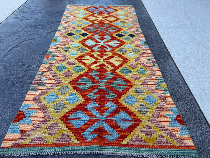 2x5 Handmade Afghan Kilim Runner Rug | Burnt Orange Rust Red Mustard Yellow Sky Blue Aqua Teal Navy Green Grey Purple Cream | Wool Flatwoven