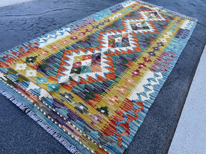 2x5 Handmade Afghan Kilim Runner Rug | Burnt Orange Rust Red Mustard Yellow Cream White Olive Green Teal Aqua Blue Navy Purple Grey | Wool