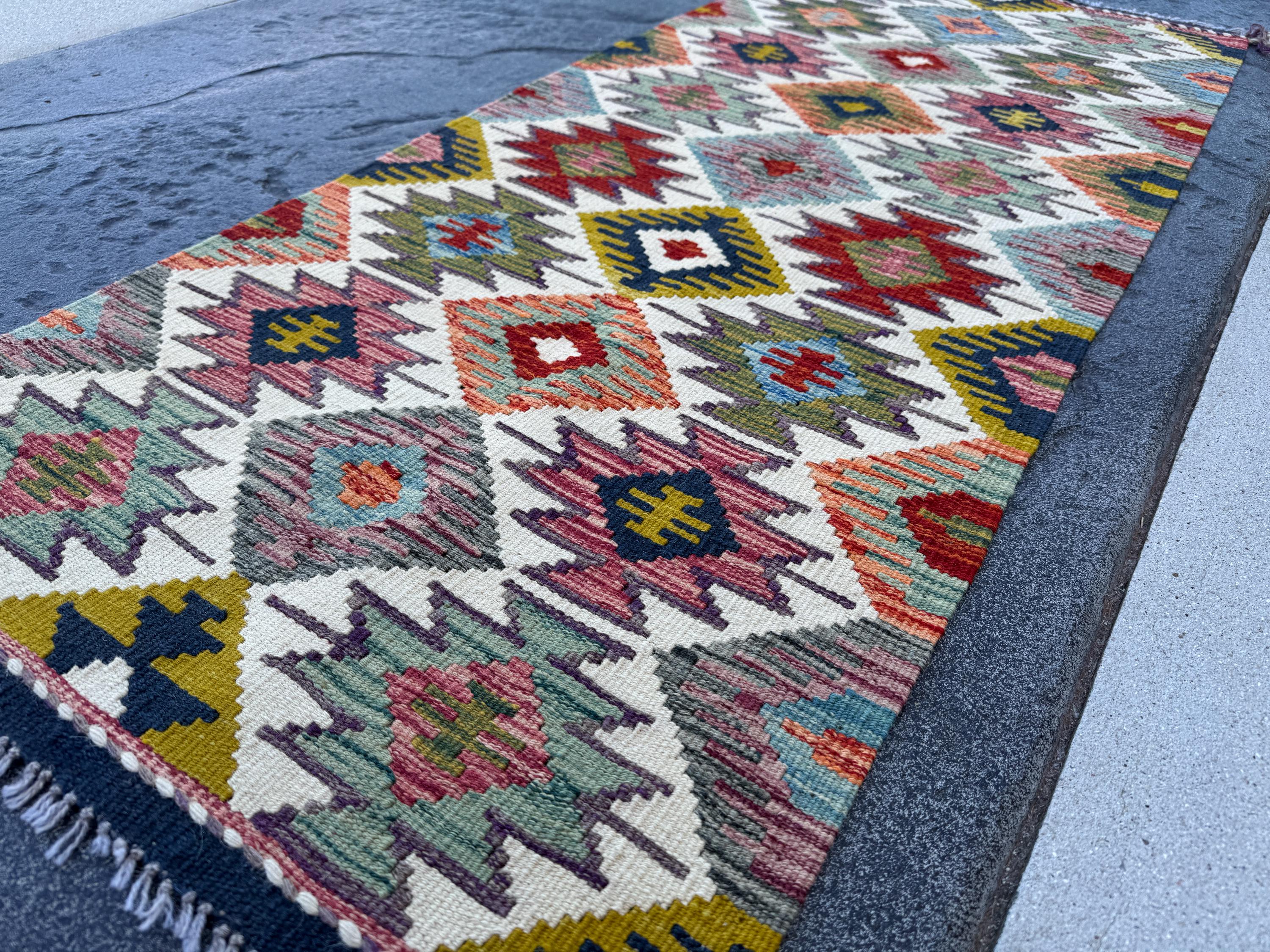2x5 Handmade Afghan Kilim Runner Rug | Cream Rust Red Burnt Orange Mustard Yellow Olive Green Teal Aqua Blue Navy Purple Grey | Flatwoven