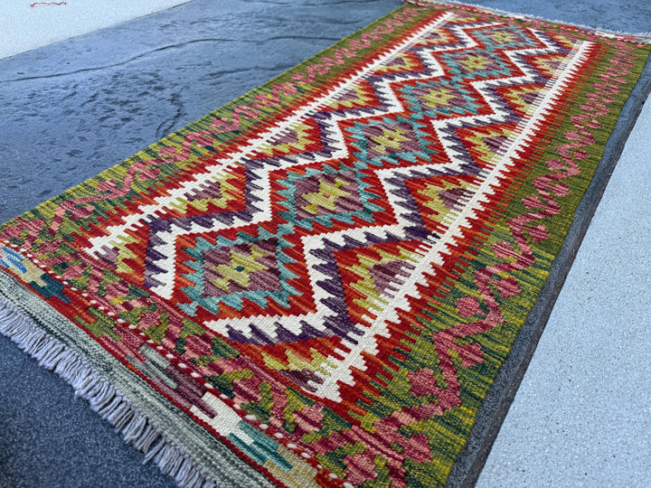 2x5 Handmade Afghan Kilim Runner Rug | Rust Red Cream White Olive Green Mustard Yellow Burnt Orange Teal Aqua Blue Purple Grey | Flatwoven