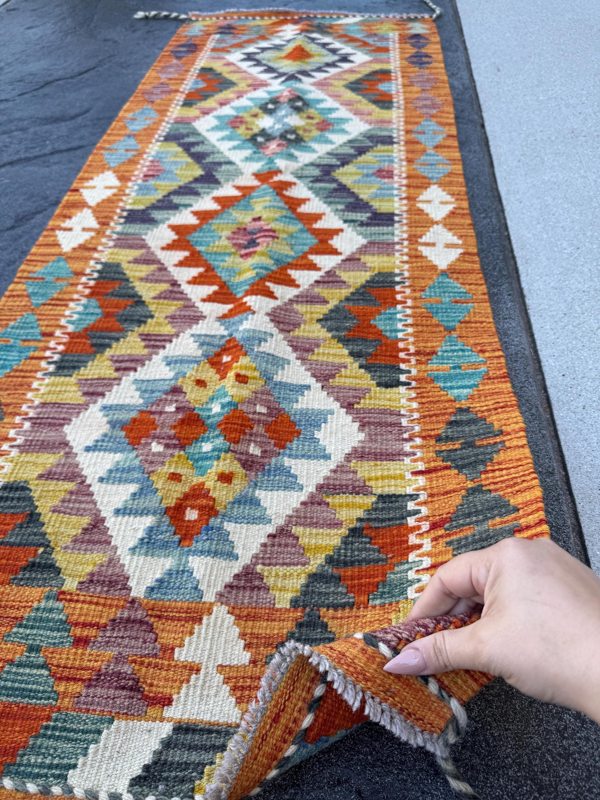 2x5 Handmade Afghan Kilim Runner Rug | Burnt Orange Rust Red Cream White Mustard Yellow Olive Green Teal Aqua Blue Navy Purple Grey | Wool