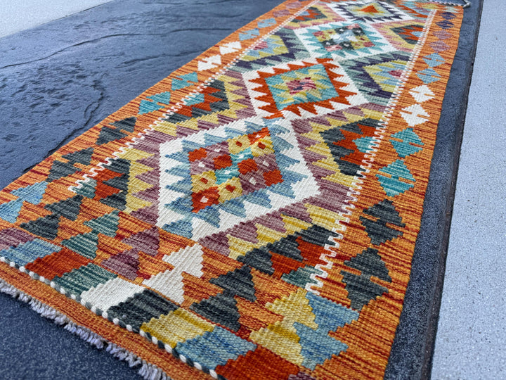 2x5 Handmade Afghan Kilim Runner Rug | Burnt Orange Rust Red Cream White Mustard Yellow Olive Green Teal Aqua Blue Navy Purple Grey | Wool
