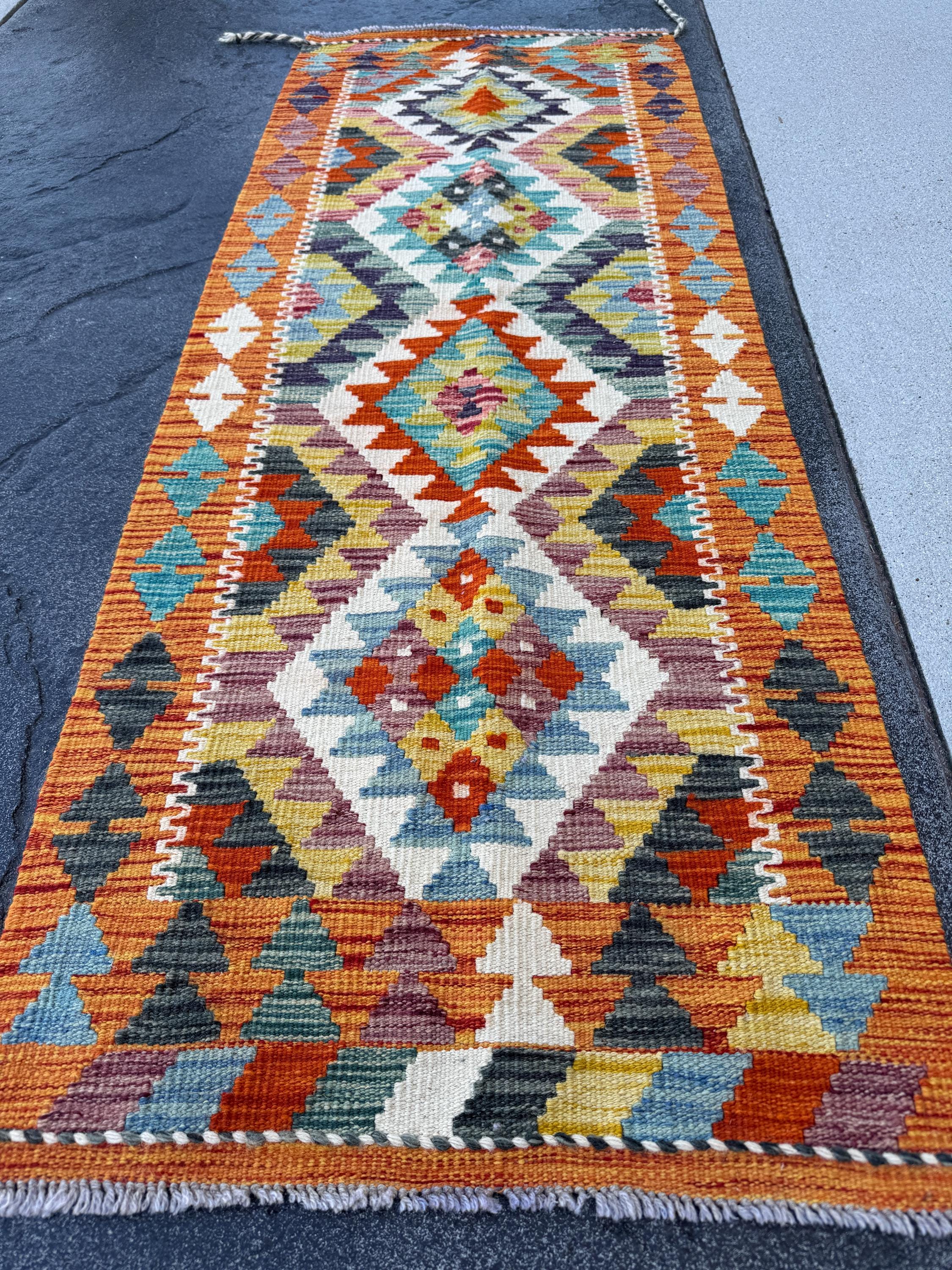 2x5 Handmade Afghan Kilim Runner Rug | Burnt Orange Rust Red Cream White Mustard Yellow Olive Green Teal Aqua Blue Navy Purple Grey | Wool