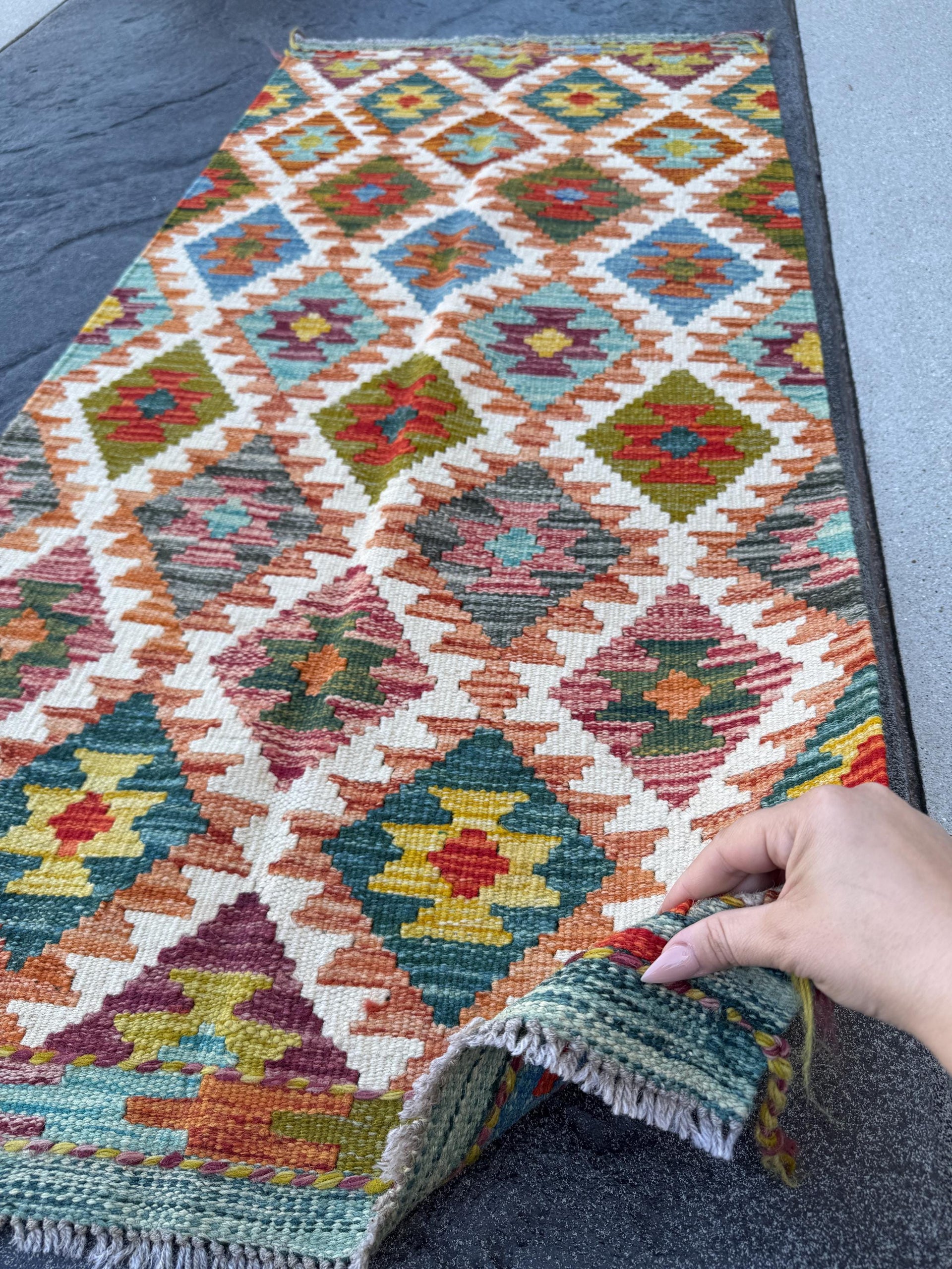2x5 Handmade Afghan Kilim Runner Rug | Cream White Rust Orange Mustard Yellow Olive Green Teal Aqua Blue Navy Purple Grey Red | Flatwoven