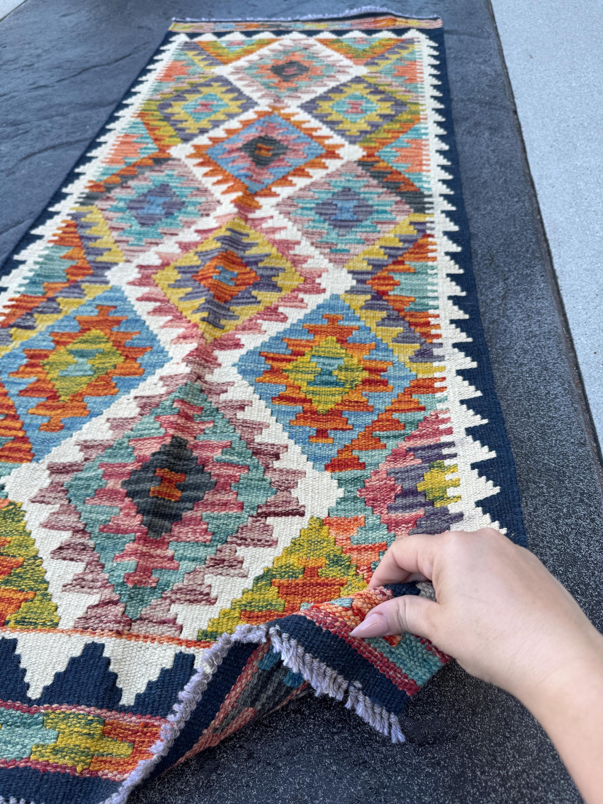 2x5 Handmade Afghan Kilim Runner Rug | Cream Navy Rust Red Burnt Orange Mustard Yellow Olive Green Teal Aqua Blue Purple White Grey | Wool