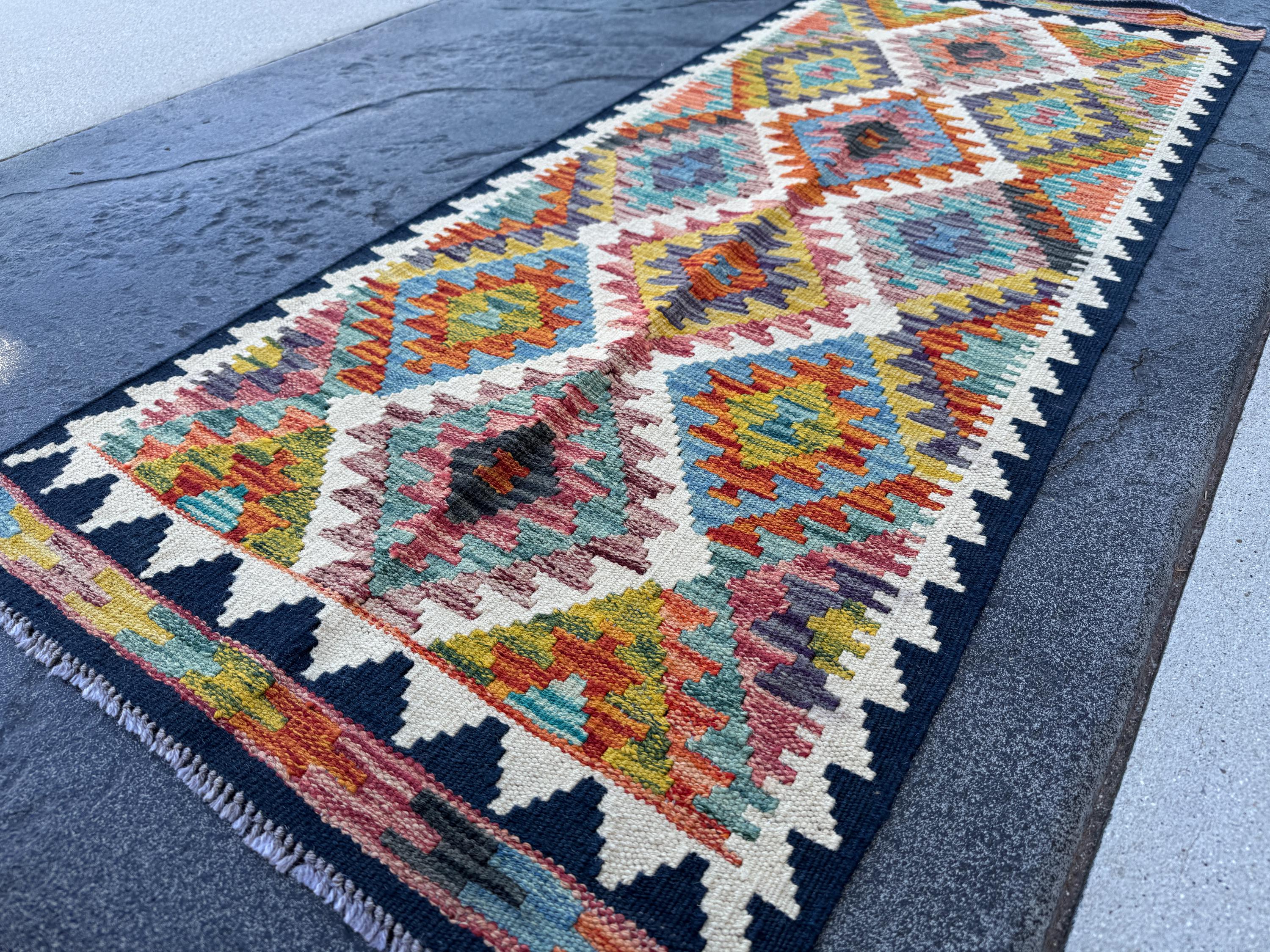 2x5 Handmade Afghan Kilim Runner Rug | Cream Navy Rust Red Burnt Orange Mustard Yellow Olive Green Teal Aqua Blue Purple White Grey | Wool