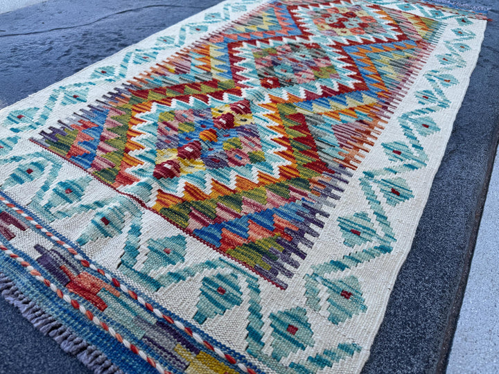 2x5 Handmade Afghan Kilim Runner Rug | Cream Red Rust Burnt Orange Mustard Yellow Olive Green Aqua Teal Blue Navy Purple White Grey | Wool
