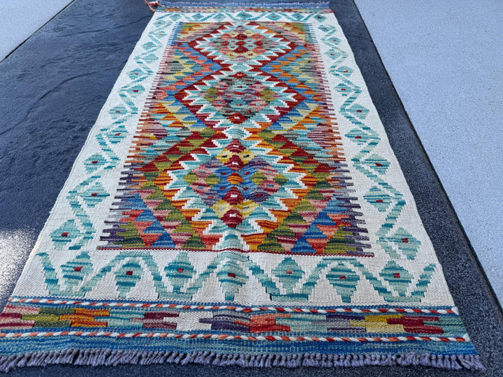2x5 Handmade Afghan Kilim Runner Rug | Cream Red Rust Burnt Orange Mustard Yellow Olive Green Aqua Teal Blue Navy Purple White Grey | Wool