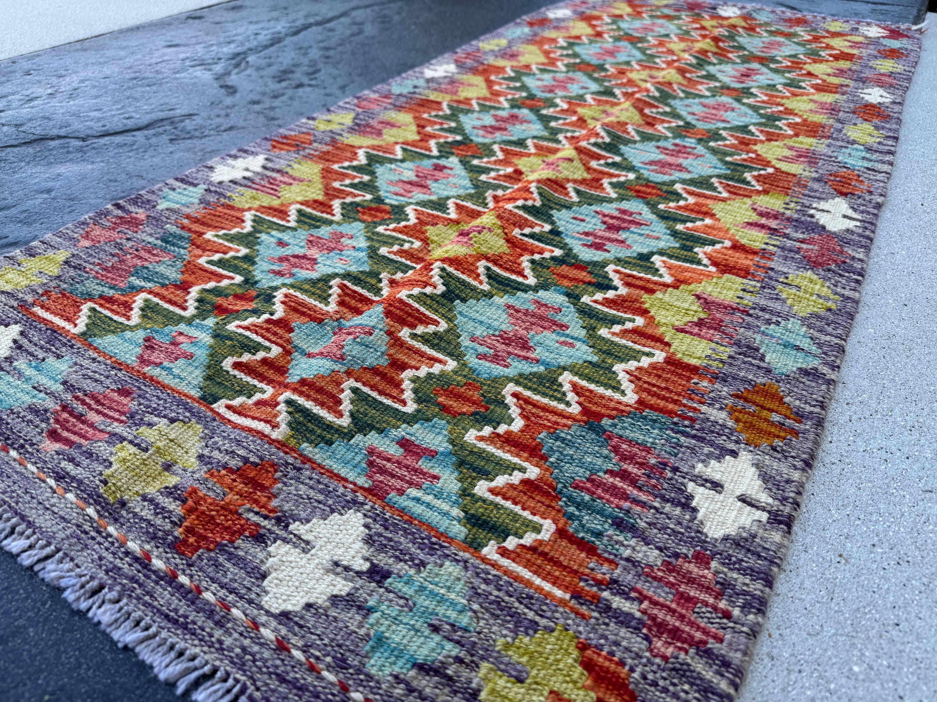 2x5 Handmade Afghan Kilim Runner Rug | Rust Red Burnt Orange Cream White Mustard Yellow Olive Green Teal Aqua Blue Purple Grey | Flatwoven