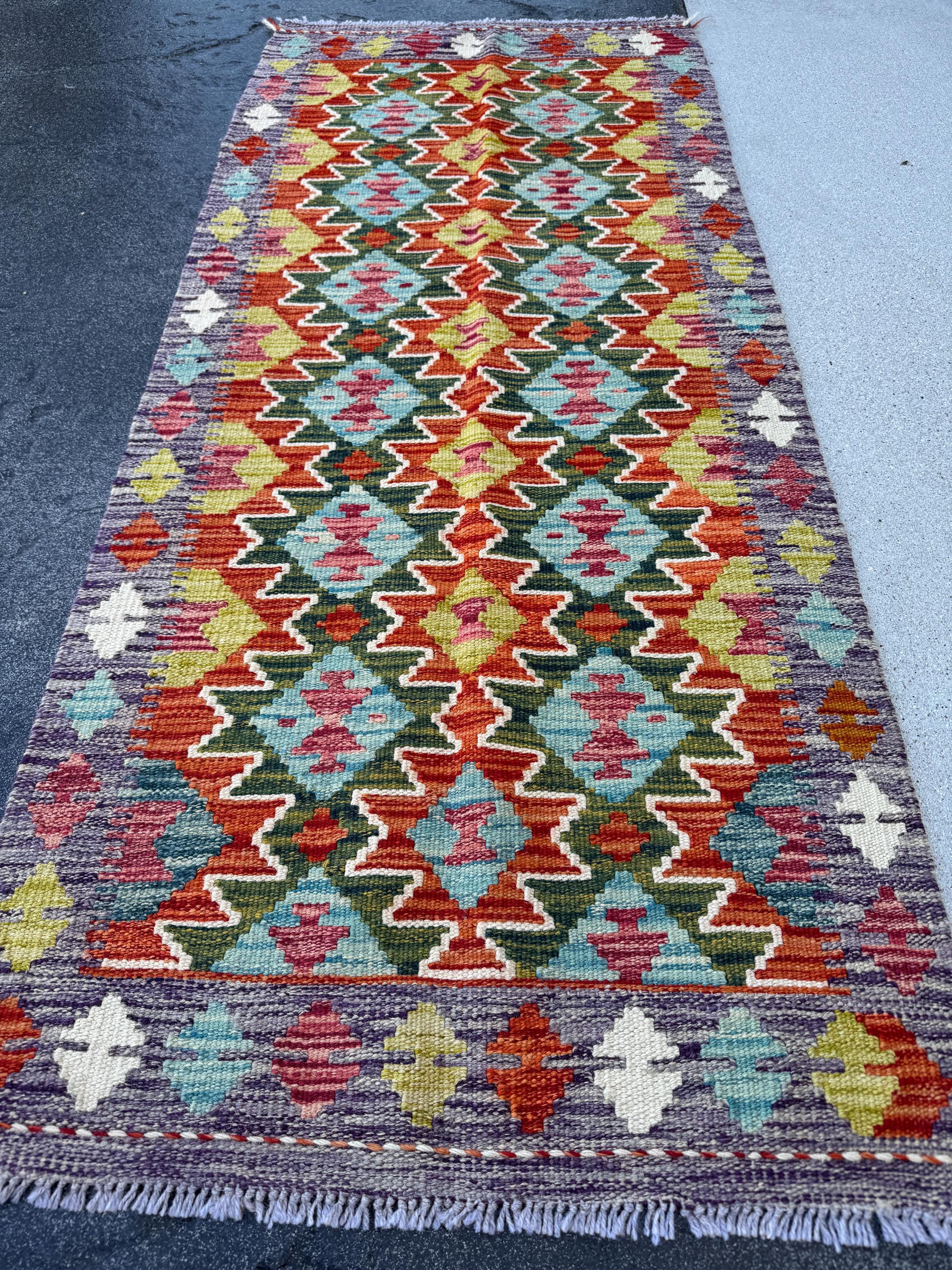 2x5 Handmade Afghan Kilim Runner Rug | Rust Red Burnt Orange Cream White Mustard Yellow Olive Green Teal Aqua Blue Purple Grey | Flatwoven
