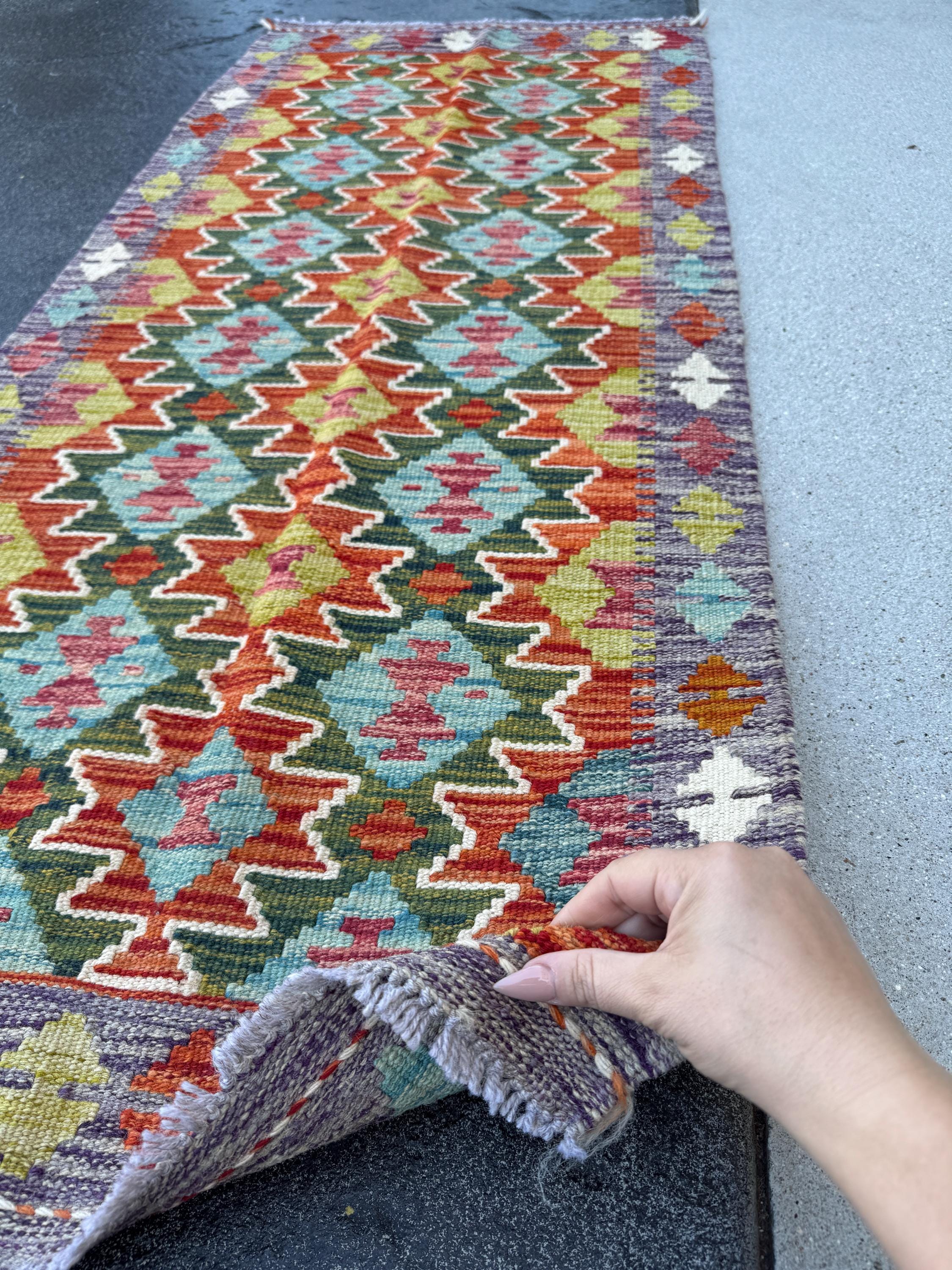 2x5 Handmade Afghan Kilim Runner Rug | Rust Red Burnt Orange Cream White Mustard Yellow Olive Green Teal Aqua Blue Purple Grey | Flatwoven