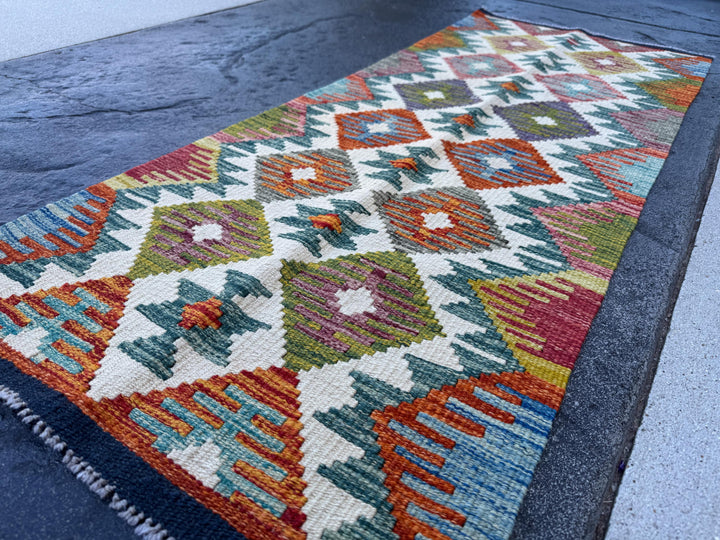 2x5 Handmade Afghan Kilim Runner Rug | Cream White Rust Red Burnt Orange Mustard Yellow Olive Green Teal Aqua Blue Navy Purple Grey | Wool