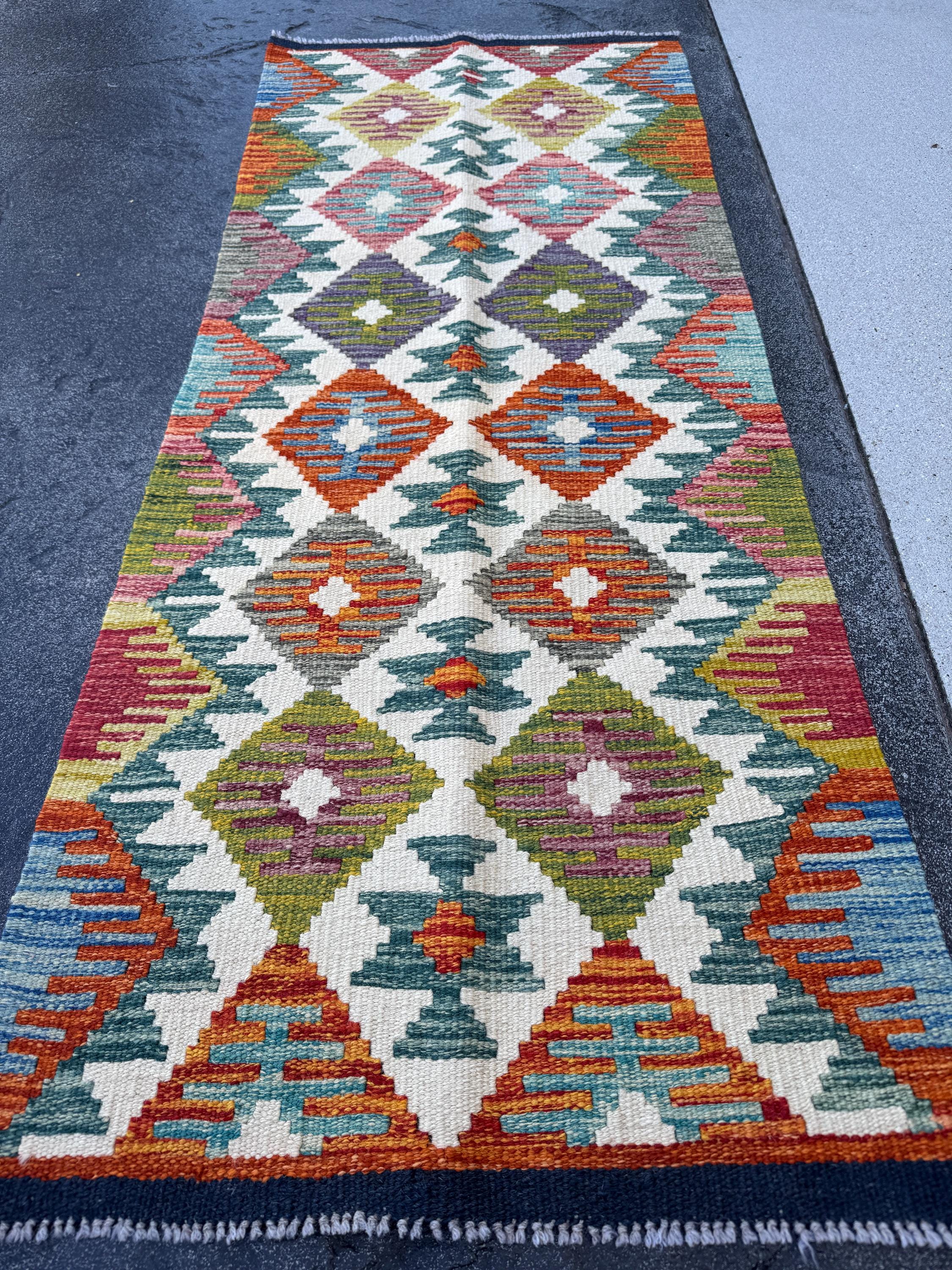 2x5 Handmade Afghan Kilim Runner Rug | Cream White Rust Red Burnt Orange Mustard Yellow Olive Green Teal Aqua Blue Navy Purple Grey | Wool