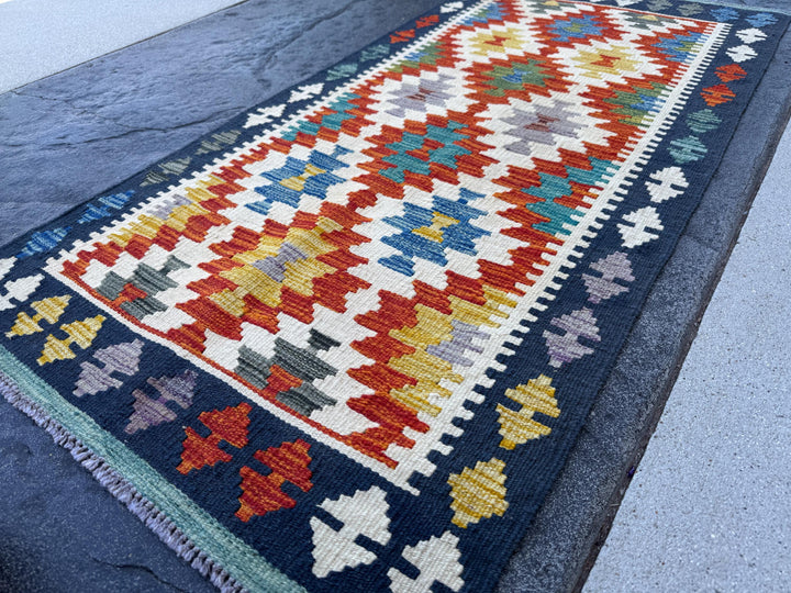 2x5 (61x152) Handmade Afghan Kilim Rug | Navy Denim Teal Royal Blue Burnt Orange Yellow White Cream Grey Black Red Purple | Wool