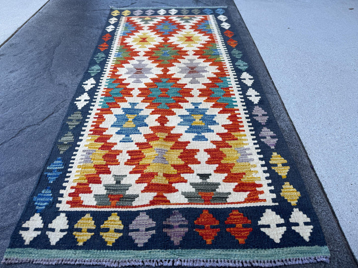 2x5 (61x152) Handmade Afghan Kilim Rug | Navy Denim Teal Royal Blue Burnt Orange Yellow White Cream Grey Black Red Purple | Wool