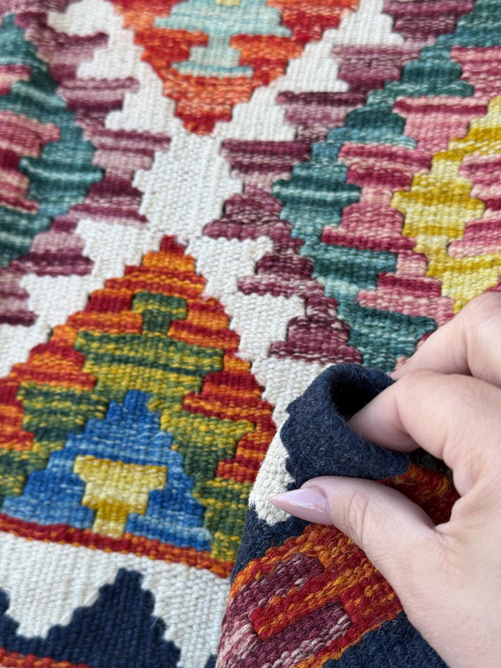 2x5 Handmade Afghan Kilim Runner Rug | Cream Navy Midnight Denim Teal Sky Blue Auburn Burgundy Brick Red Orange Moss Green Yellow Purple
