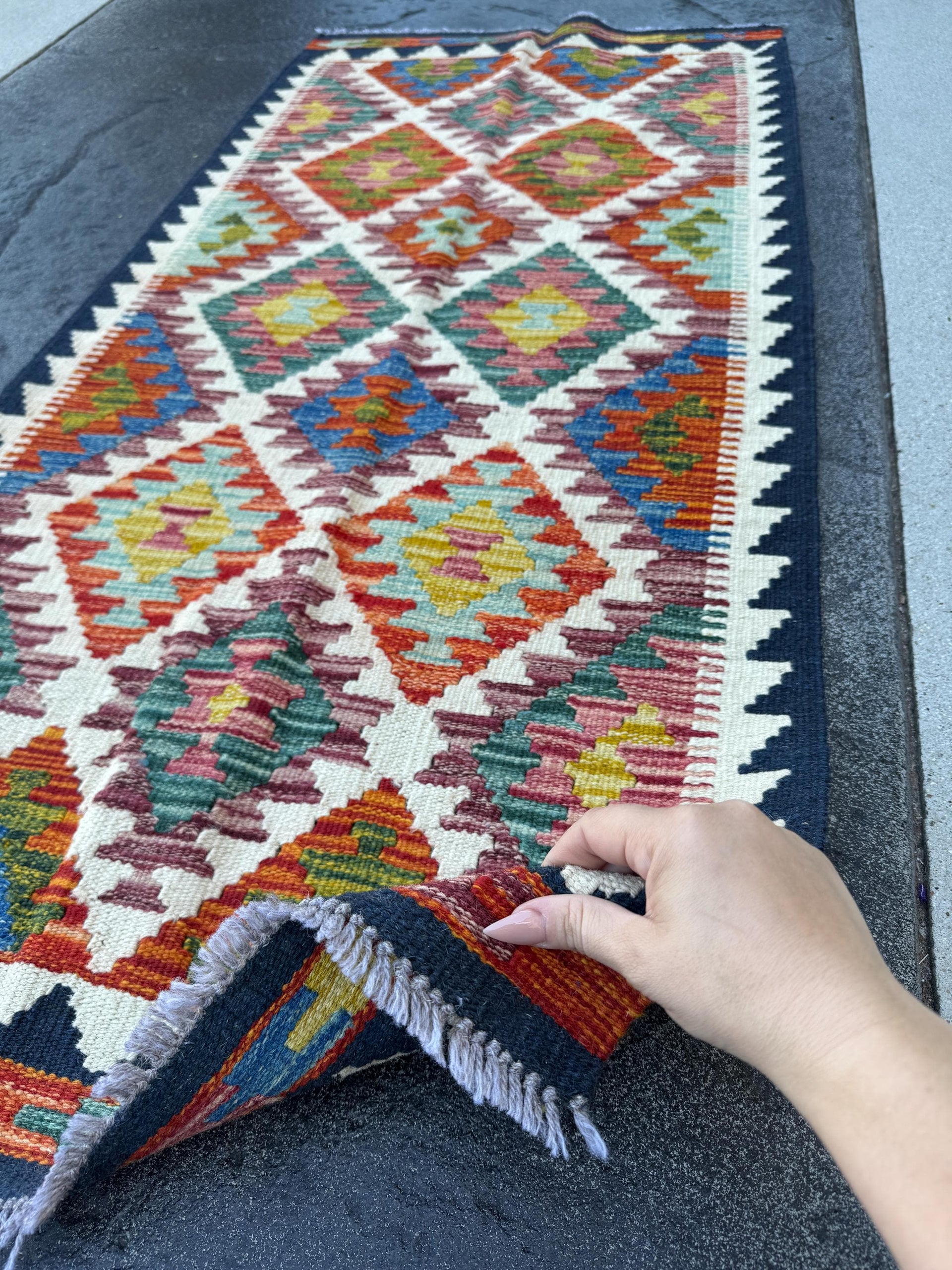 2x5 Handmade Afghan Kilim Runner Rug | Cream Navy Midnight Denim Teal Sky Blue Auburn Burgundy Brick Red Orange Moss Green Yellow Purple