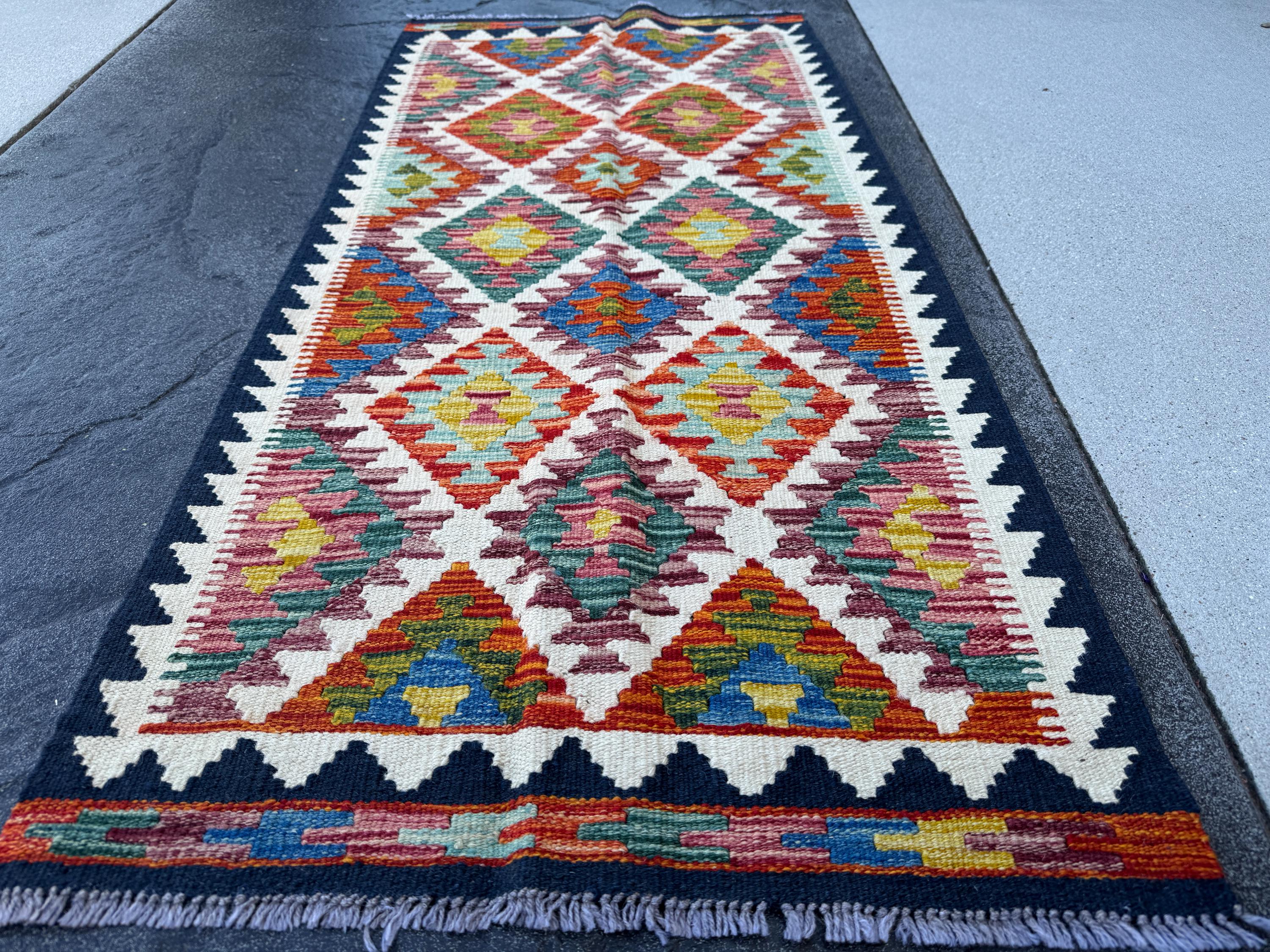 2x5 Handmade Afghan Kilim Runner Rug | Cream Navy Midnight Denim Teal Sky Blue Auburn Burgundy Brick Red Orange Moss Green Yellow Purple