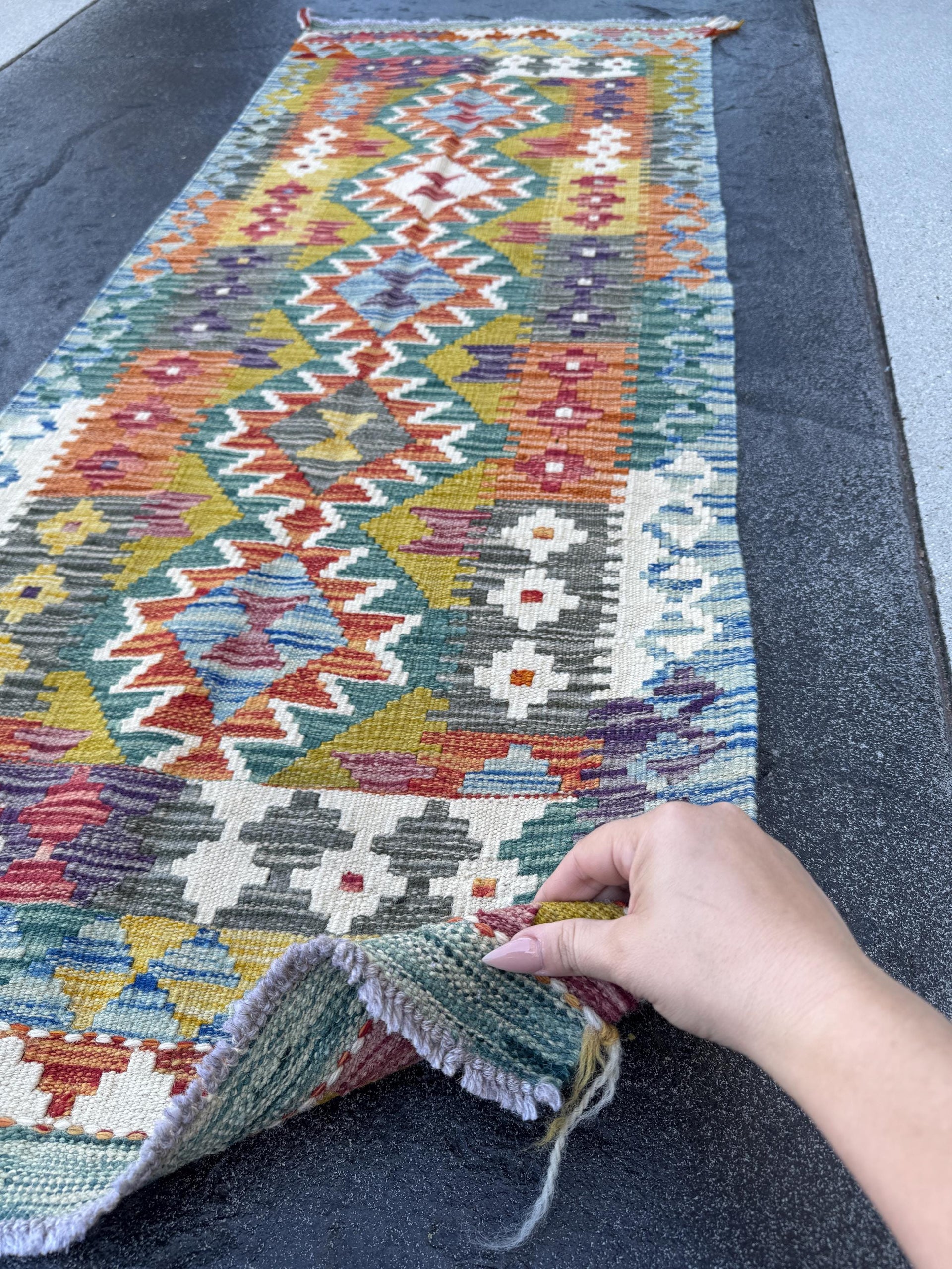 2x5 Handmade Afghan Kilim Runner Rug | Denim Baby Sky Teal Blue Grey Mustard Yellow Orange Burgundy Auburn Red Purple White Cream | Wool