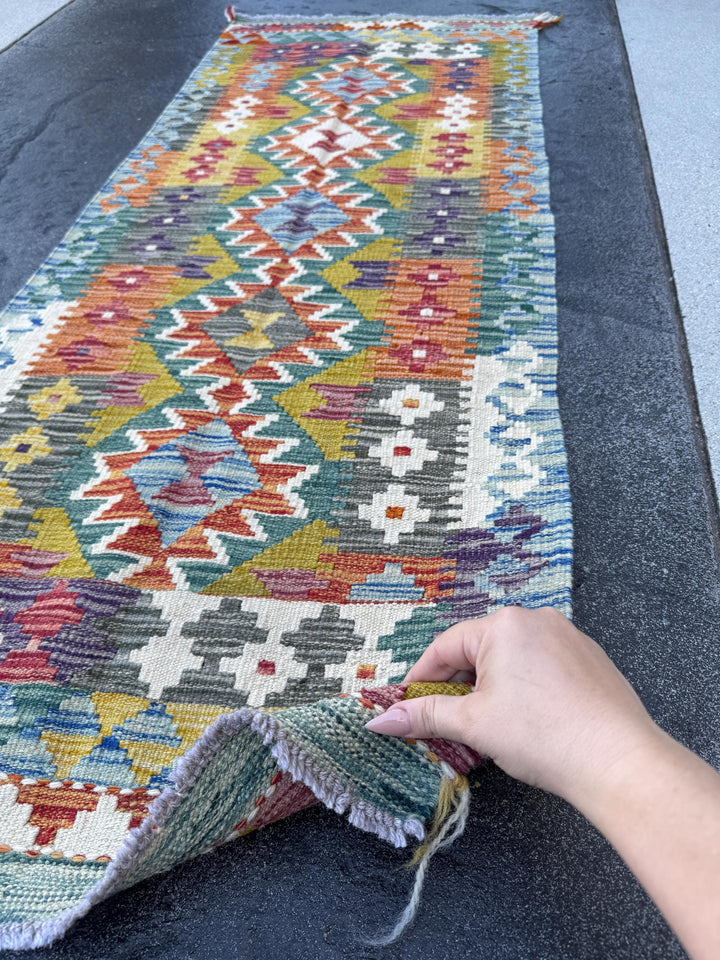 2x5 Handmade Afghan Kilim Runner Rug | Denim Baby Sky Teal Blue Grey Mustard Yellow Orange Burgundy Auburn Red Purple White Cream | Wool