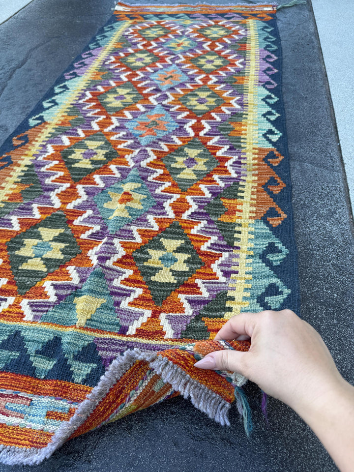 2x5 (61x152) Handmade Afghan Kilim Runner Rug | Navy Midnight Denim Blue Orange Purple Orange Grey Yellow White Cream Green | Wool Flatweave