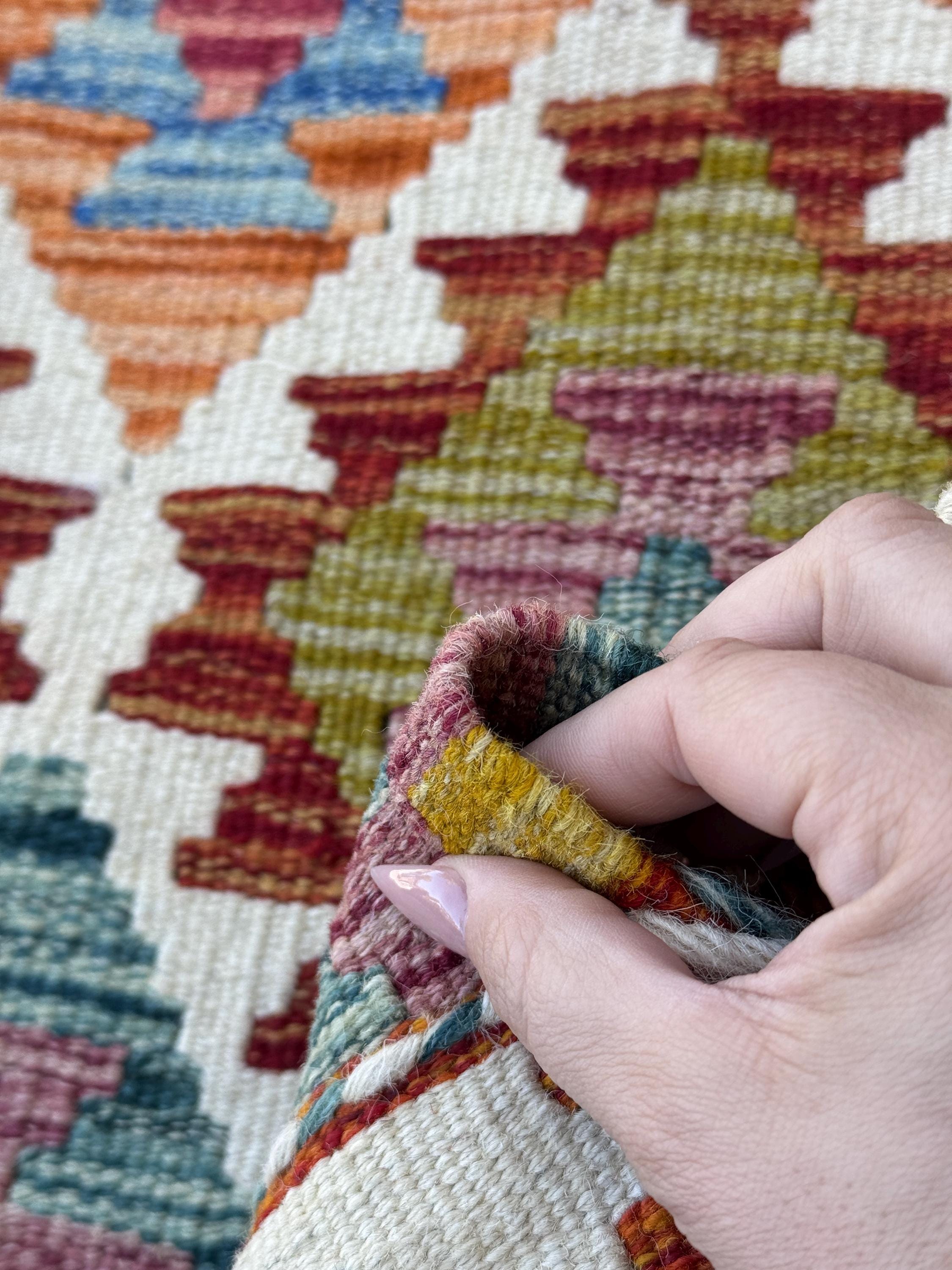 2x5 Handmade Afghan Kilim Runner Rug | Cream White Crimson Blood Auburn Red Peach Coral Orange Moss Olive Green Denim Teal Blue Purple