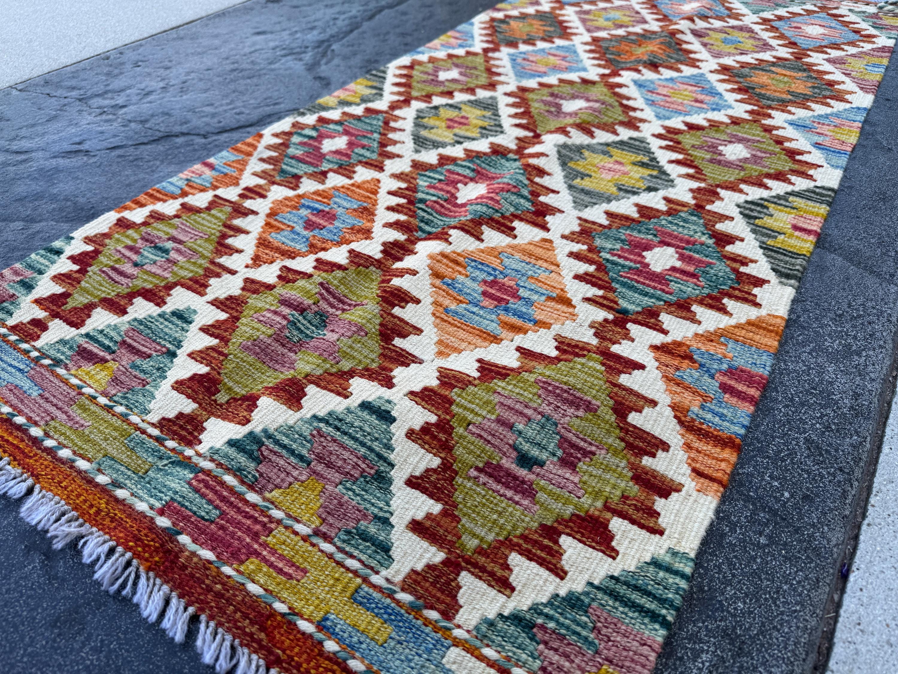 2x5 Handmade Afghan Kilim Runner Rug | Cream White Crimson Blood Auburn Red Peach Coral Orange Moss Olive Green Denim Teal Blue Purple