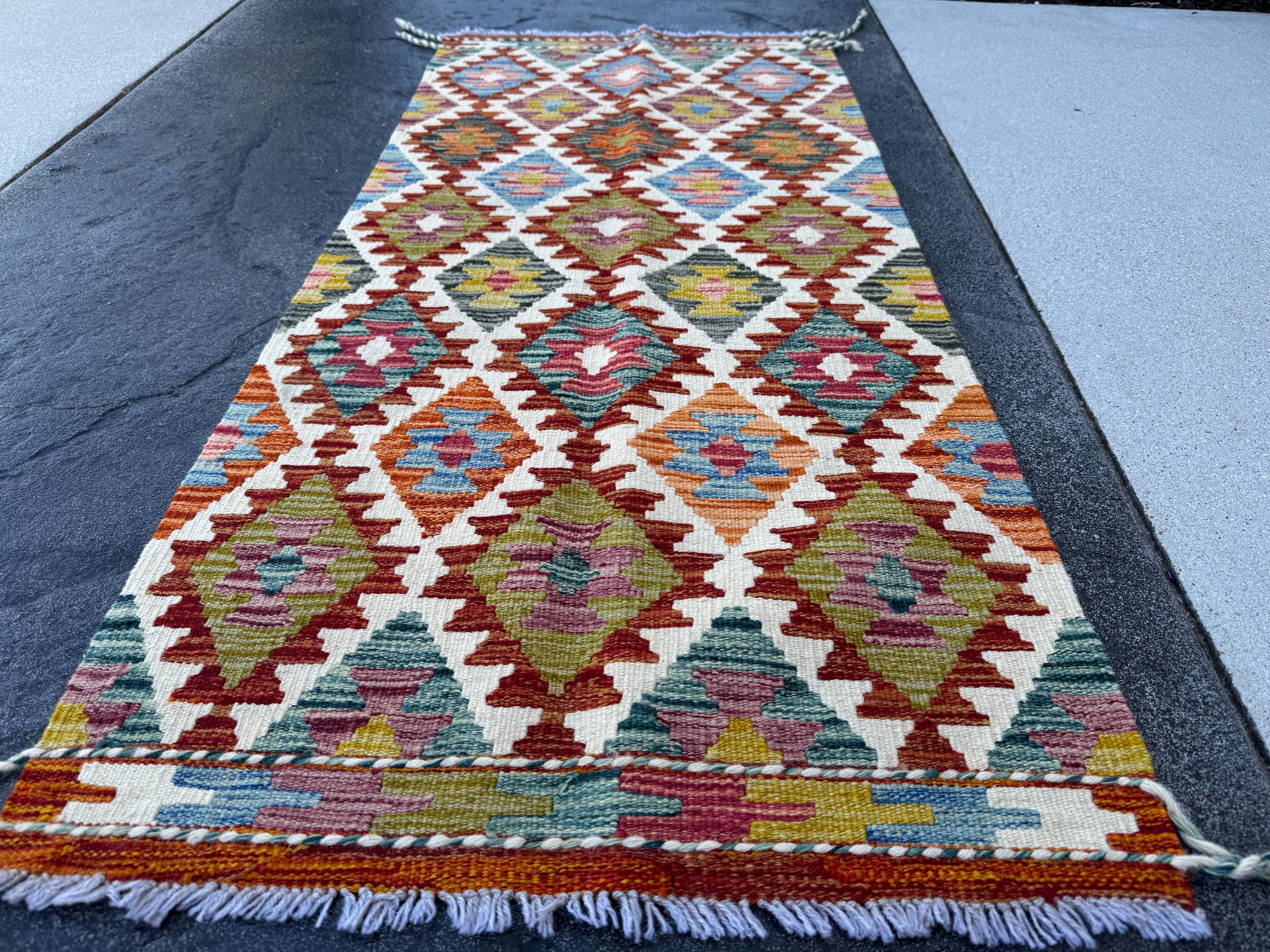 2x5 Handmade Afghan Kilim Runner Rug | Cream White Crimson Blood Auburn Red Peach Coral Orange Moss Olive Green Denim Teal Blue Purple
