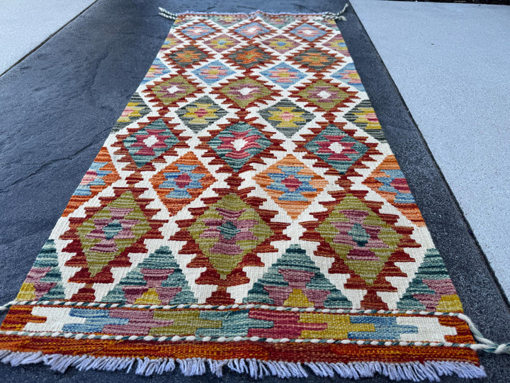 2x5 Handmade Afghan Kilim Runner Rug | Cream White Crimson Blood Auburn Red Peach Coral Orange Moss Olive Green Denim Teal Blue Purple