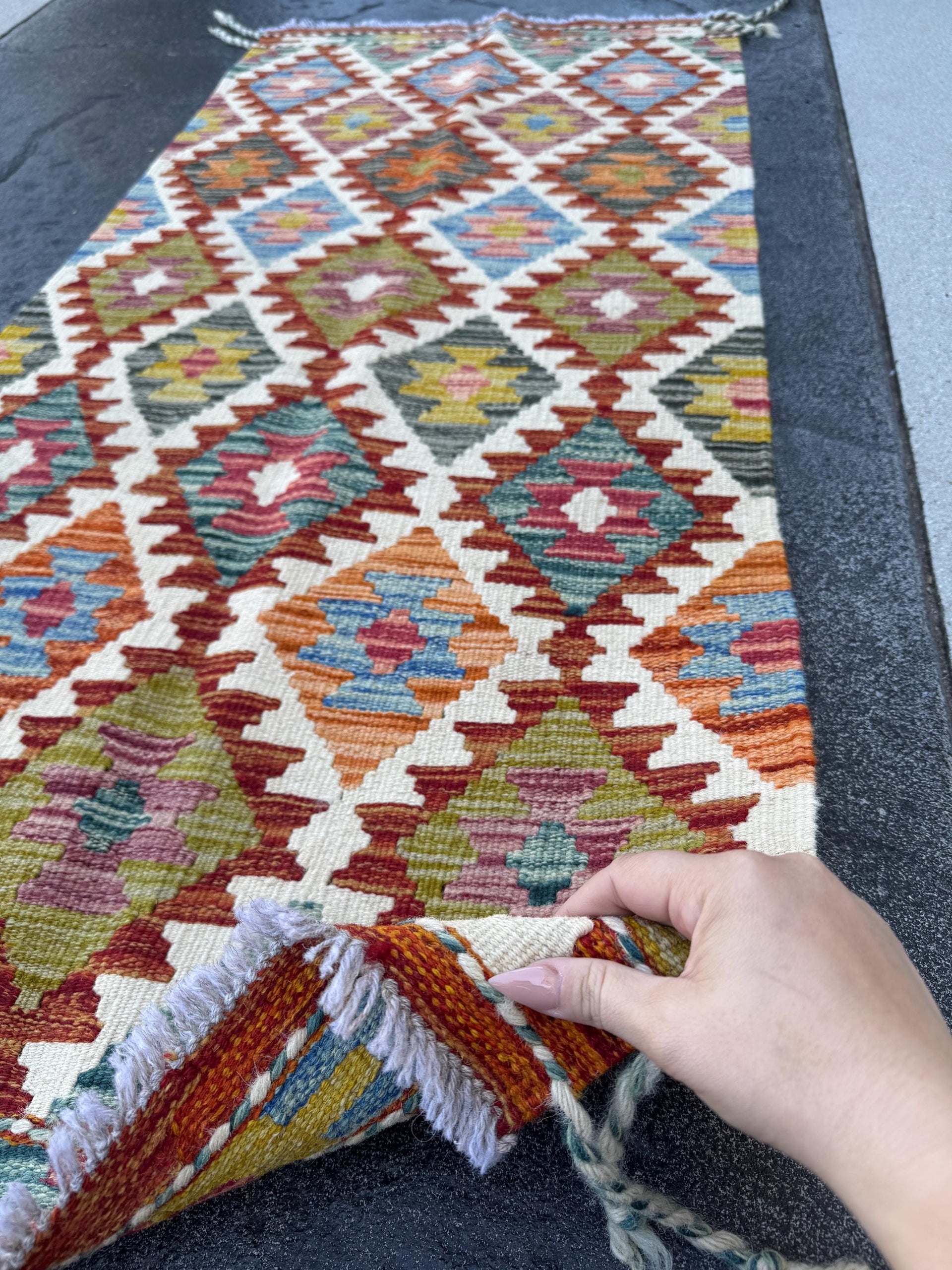 2x5 Handmade Afghan Kilim Runner Rug | Cream White Crimson Blood Auburn Red Peach Coral Orange Moss Olive Green Denim Teal Blue Purple