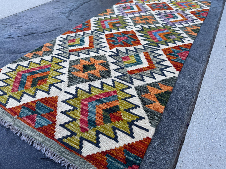 2x5 (61x152) Handmade Afghan Kilim Runner Rug | Cream White Denim Navy Blue Grey Moss Olive Green Brick Rose Crimson Red | Wool Flatweave