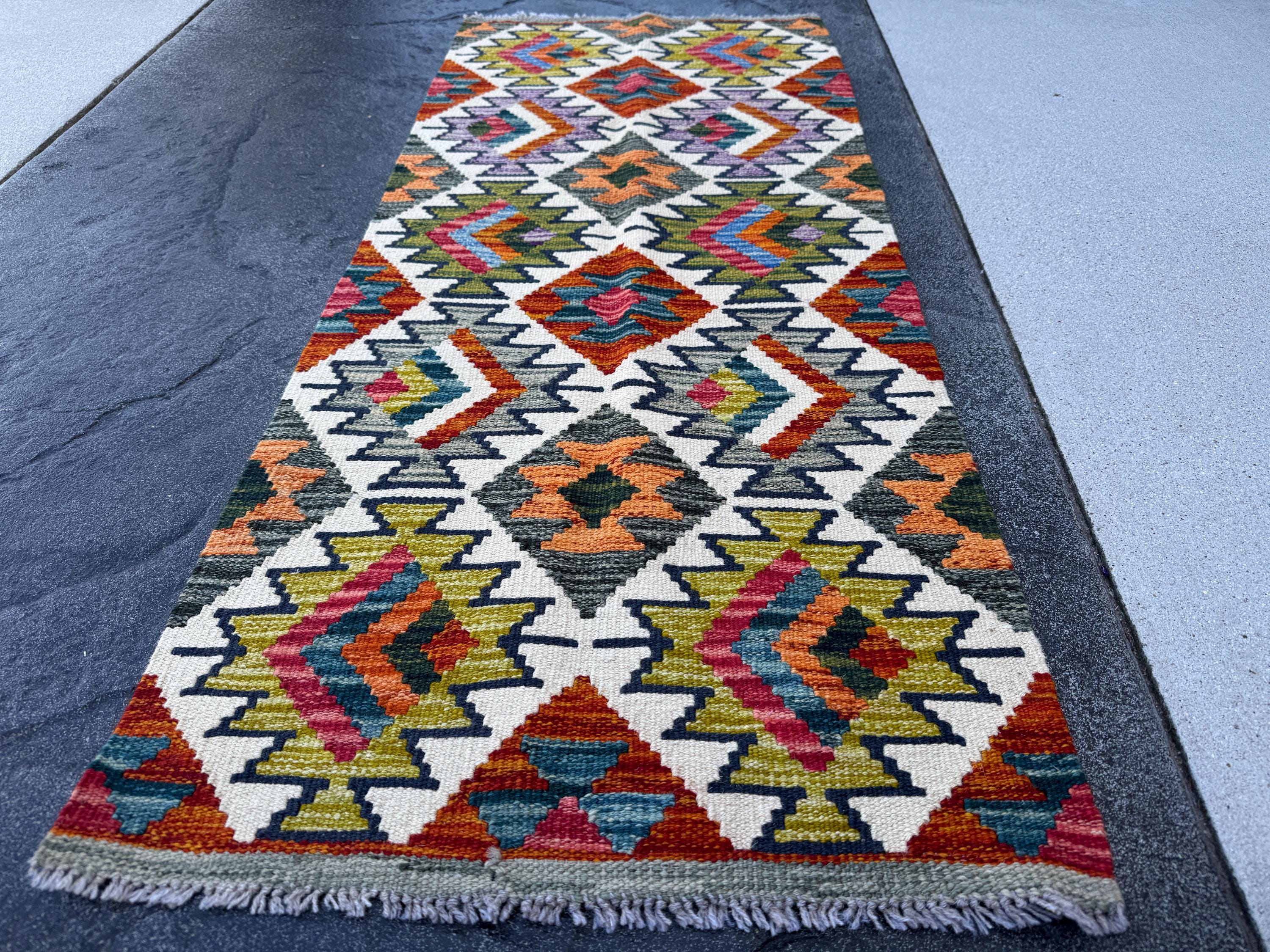 2x5 (61x152) Handmade Afghan Kilim Runner Rug | Cream White Denim Navy Blue Grey Moss Olive Green Brick Rose Crimson Red | Wool Flatweave