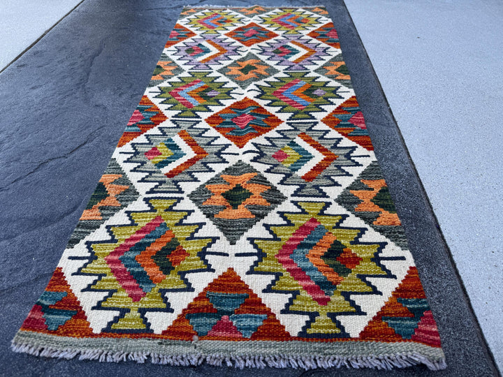 2x5 (61x152) Handmade Afghan Kilim Runner Rug | Cream White Denim Navy Blue Grey Moss Olive Green Brick Rose Crimson Red | Wool Flatweave