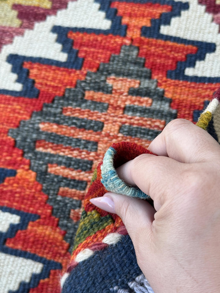 2x5 (61x152) Handmade Afghan Kilim Runner Rug | Orange Coral White Cream Navy Midnight Aqua Baby Blue Yellow Moss Olive Green Grey | Wool
