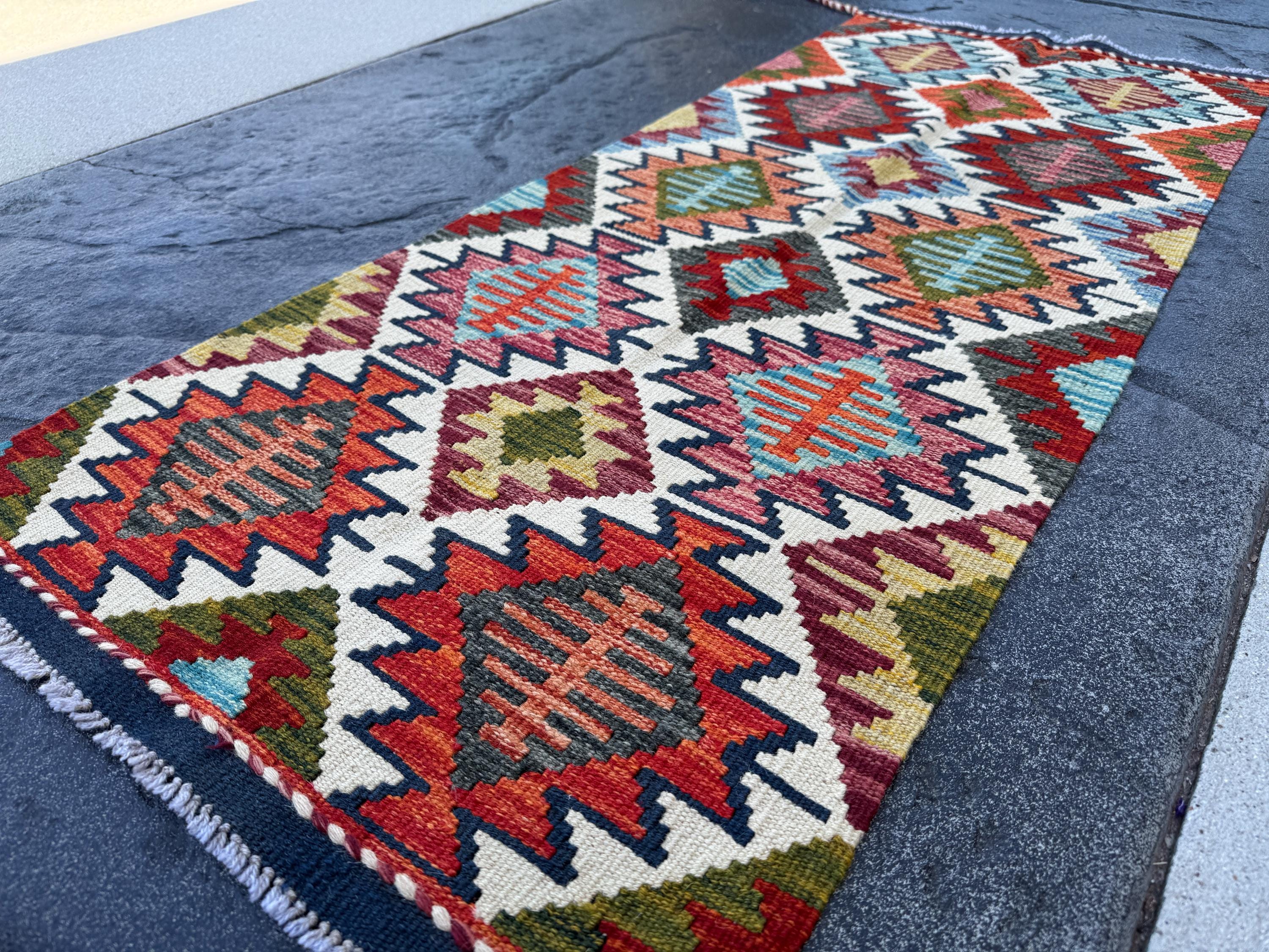 2x5 (61x152) Handmade Afghan Kilim Runner Rug | Orange Coral White Cream Navy Midnight Aqua Baby Blue Yellow Moss Olive Green Grey | Wool