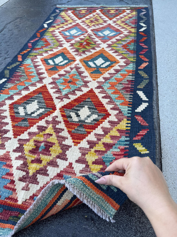 2x5 Handmade Afghan Kilim Runner Rug | Navy Denim Baby Blue Teal Crimson Blood Brick Red Orange Coral White Maroon Auburn Grey Yellow | Wool