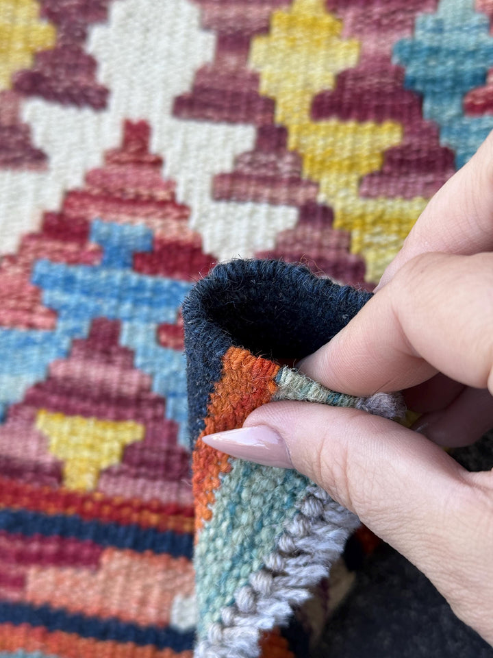 2x5 Handmade Afghan Kilim Runner Rug | Navy Denim Baby Blue Teal Crimson Blood Brick Red Orange Coral White Maroon Auburn Grey Yellow | Wool