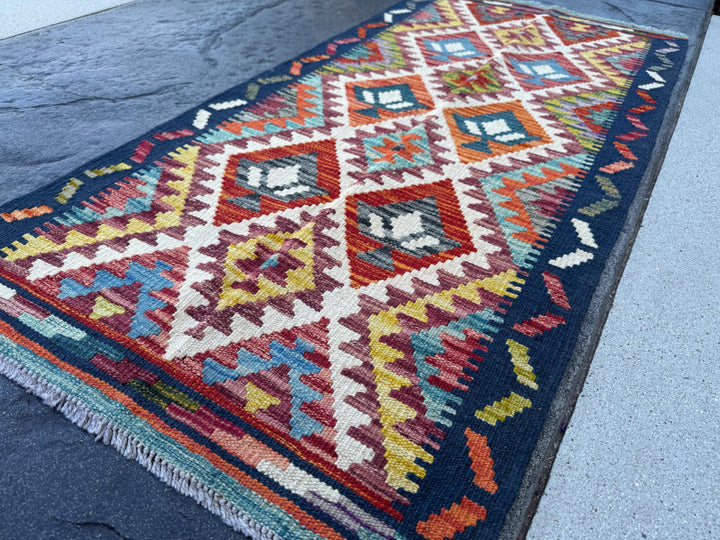 2x5 Handmade Afghan Kilim Runner Rug | Navy Denim Baby Blue Teal Crimson Blood Brick Red Orange Coral White Maroon Auburn Grey Yellow | Wool