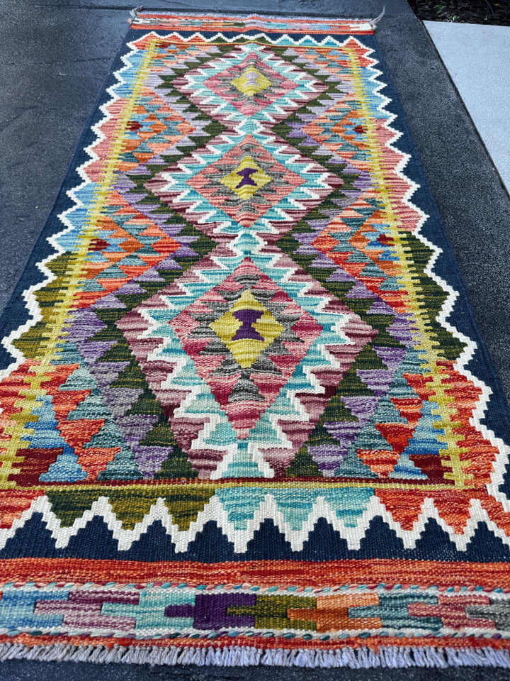 2x5 Handmade Afghan Kilim Runner Rug | Navy Midnight Baby Denim Blue Forest Olive Green Auburn Blood Red Orange White Cream Grey Purple