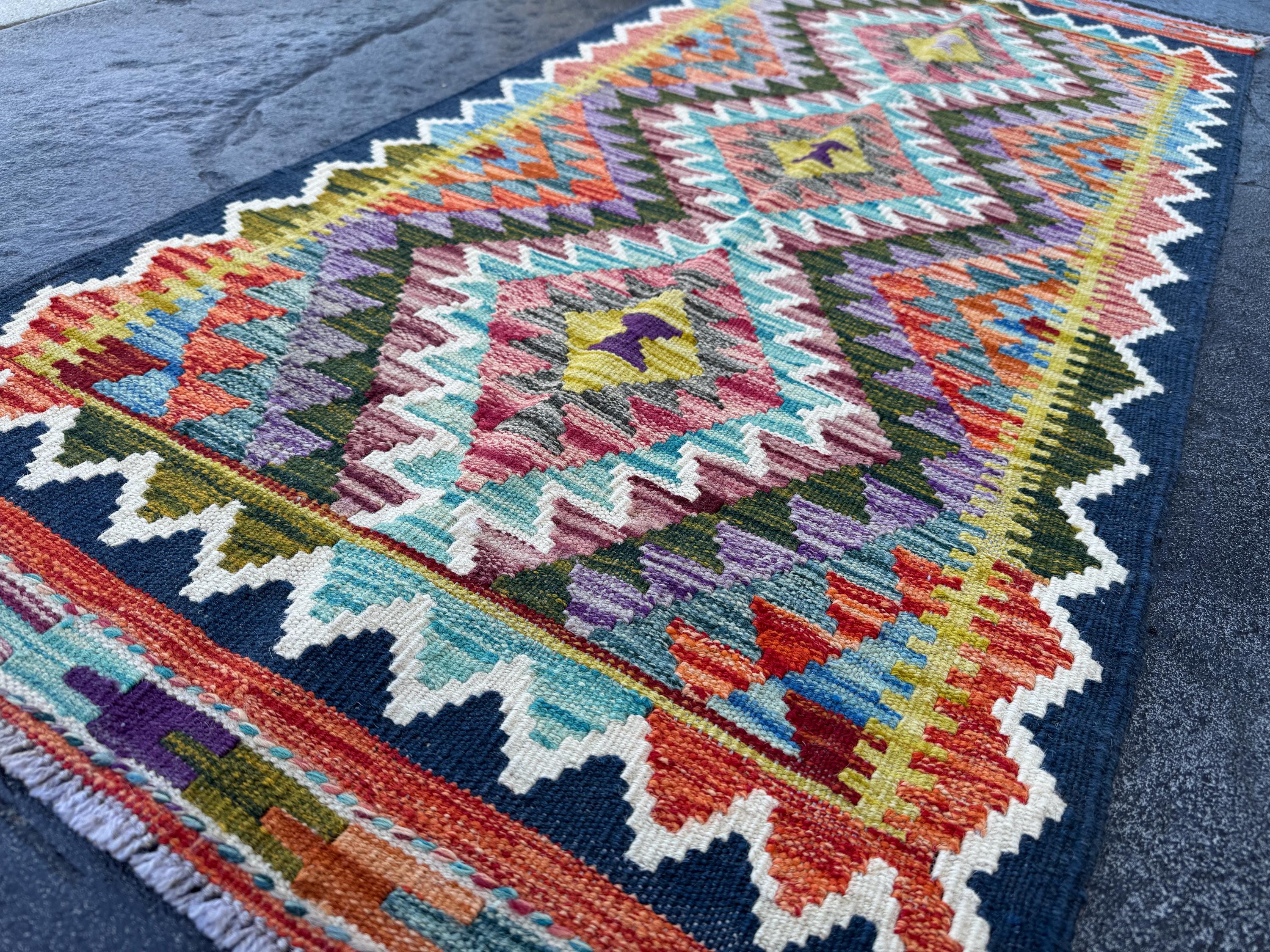 2x5 Handmade Afghan Kilim Runner Rug | Navy Midnight Baby Denim Blue Forest Olive Green Auburn Blood Red Orange White Cream Grey Purple