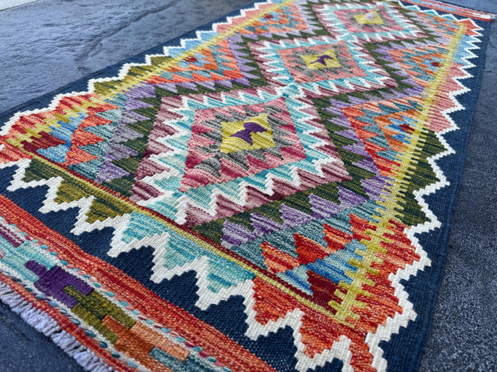 2x5 Handmade Afghan Kilim Runner Rug | Navy Midnight Baby Denim Blue Forest Olive Green Auburn Blood Red Orange White Cream Grey Purple