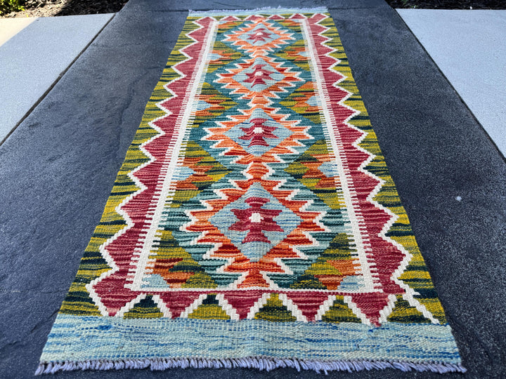 2x5 (61x152) Handmade Afghan Kilim Runner Rug | Denim Sky Aqua Blue Teal Maroon Auburn Red Orange White Moss Green | Wool Flatweave
