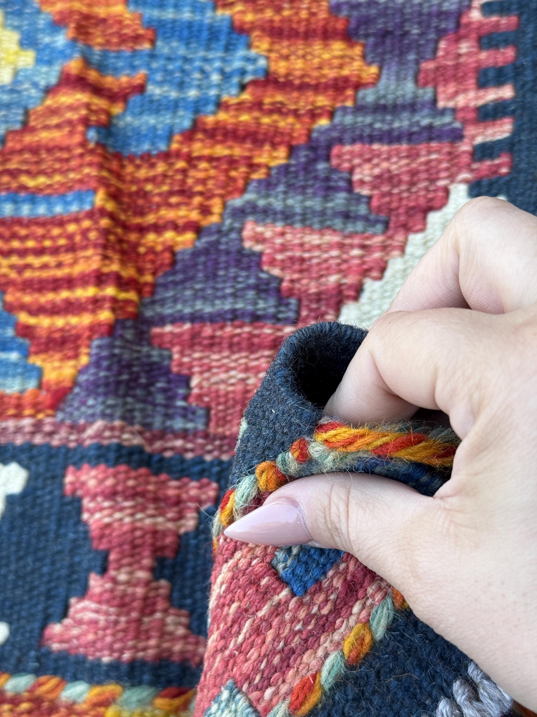 2x5 Handmade Afghan Kilim Runner Rug | Navy Sky Denim Aqua Blue Brick Crimson Red Burnt Orange Moss Olive Green White Purple Yellow | Wool