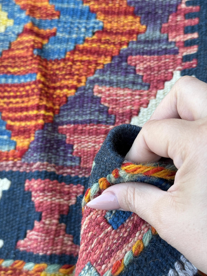 2x5 Handmade Afghan Kilim Runner Rug | Navy Sky Denim Aqua Blue Brick Crimson Red Burnt Orange Moss Olive Green White Purple Yellow | Wool