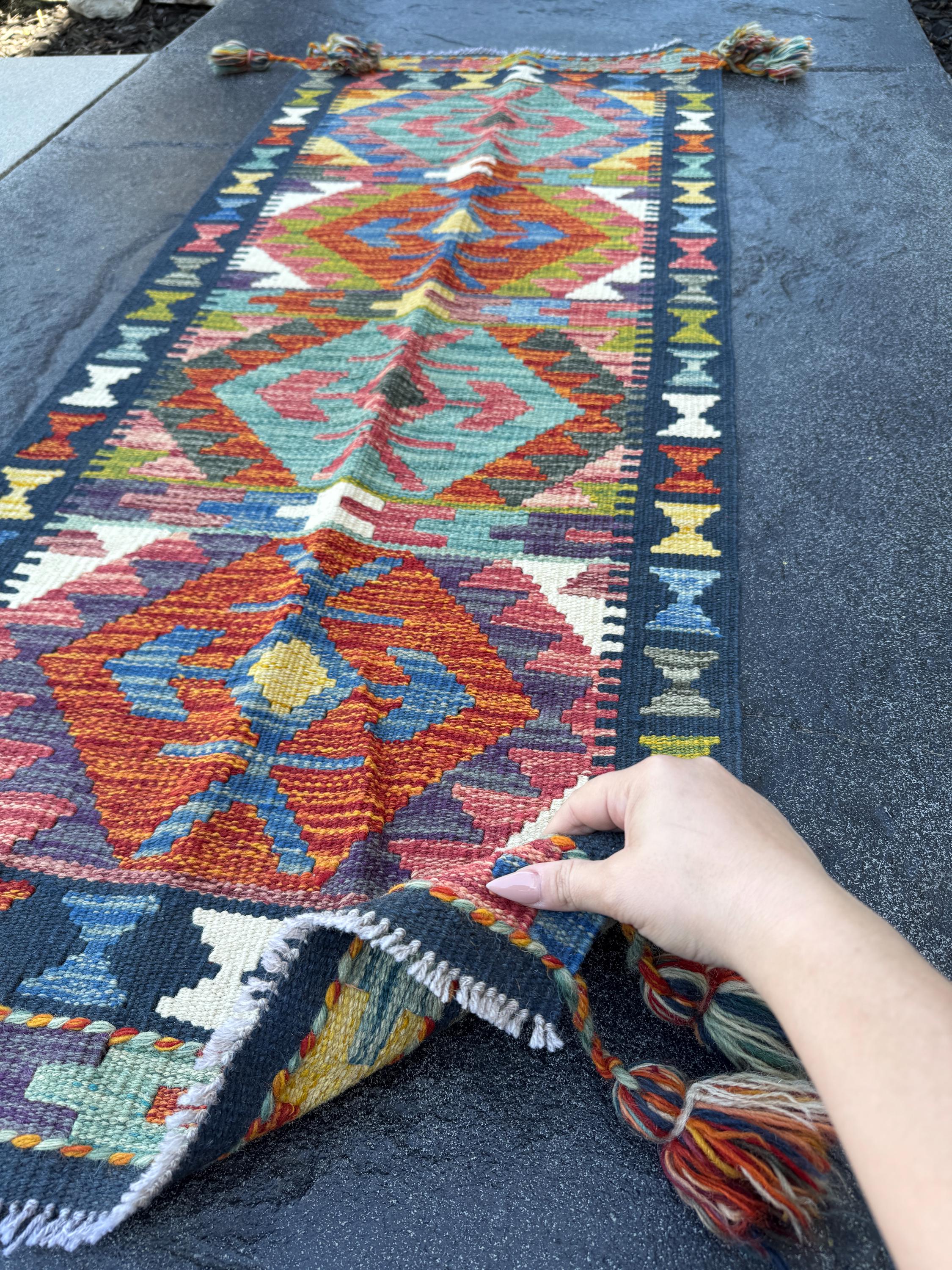 2x5 Handmade Afghan Kilim Runner Rug | Navy Sky Denim Aqua Blue Brick Crimson Red Burnt Orange Moss Olive Green White Purple Yellow | Wool