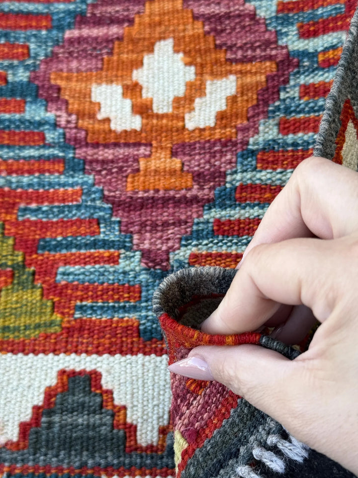 2x5 Handmade Afghan Kilim Runner Rug | Crimson Scarlet Brick Red Black Grey White Denim Aqua Blue Orange Moss Olive Green Purple | Wool