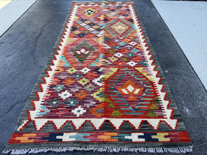 2x5 Handmade Afghan Kilim Runner Rug | Crimson Scarlet Brick Red Black Grey White Denim Aqua Blue Orange Moss Olive Green Purple | Wool