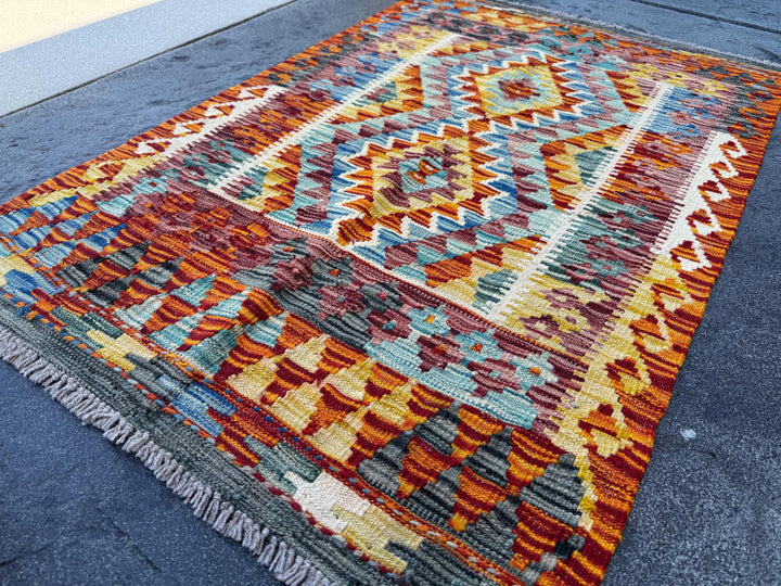 3x4 (91x121) Handmade Afghan Kilim Rug | Burnt Orange Grey Black White Cream Yellow Teal Midnight Denim Blue Maroon Burgundy Red | Wool